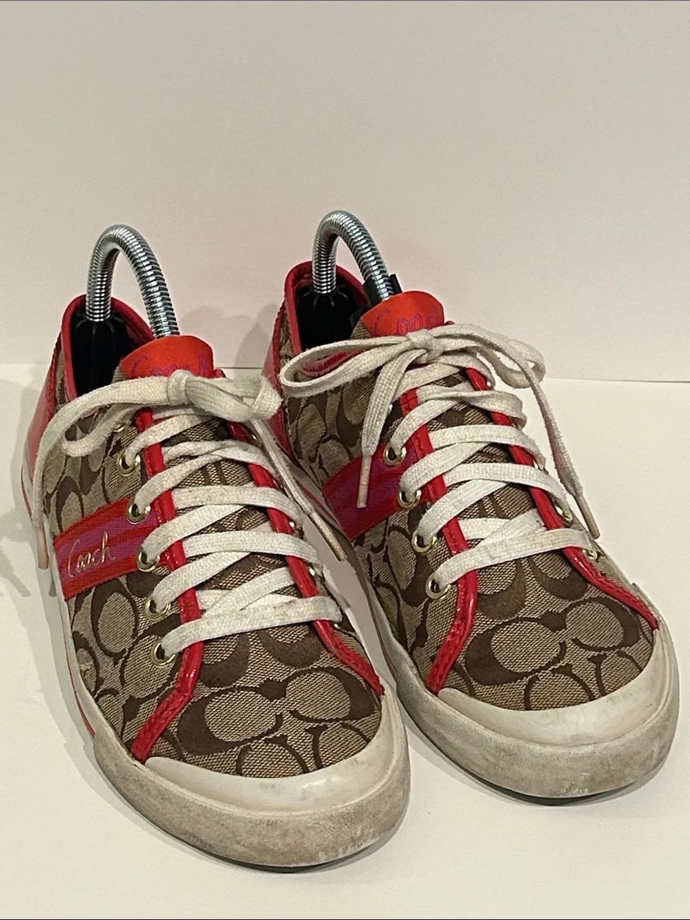 Coach Brown Signature Sneakers with Red Patent Leather Accents Pink Red Ribbon
